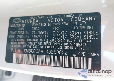 2019 Hyundai Kona Sel z USA, uszkodzony, nr VIN KM8K6CAA9KU350802